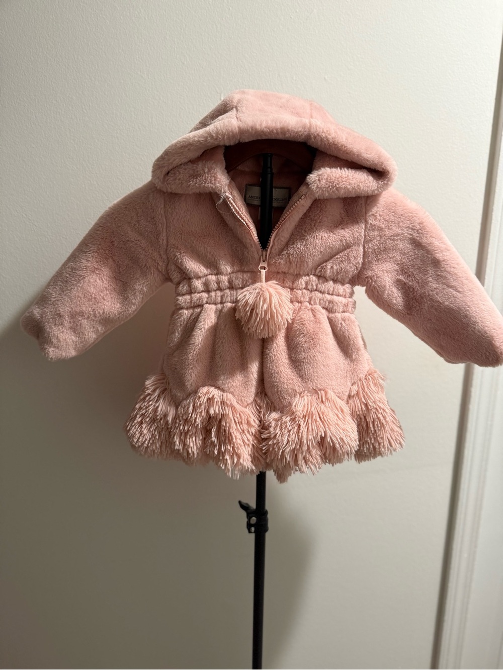 Toddler Faux-Fur Hooded Coat with Pom & Fringe - Pink